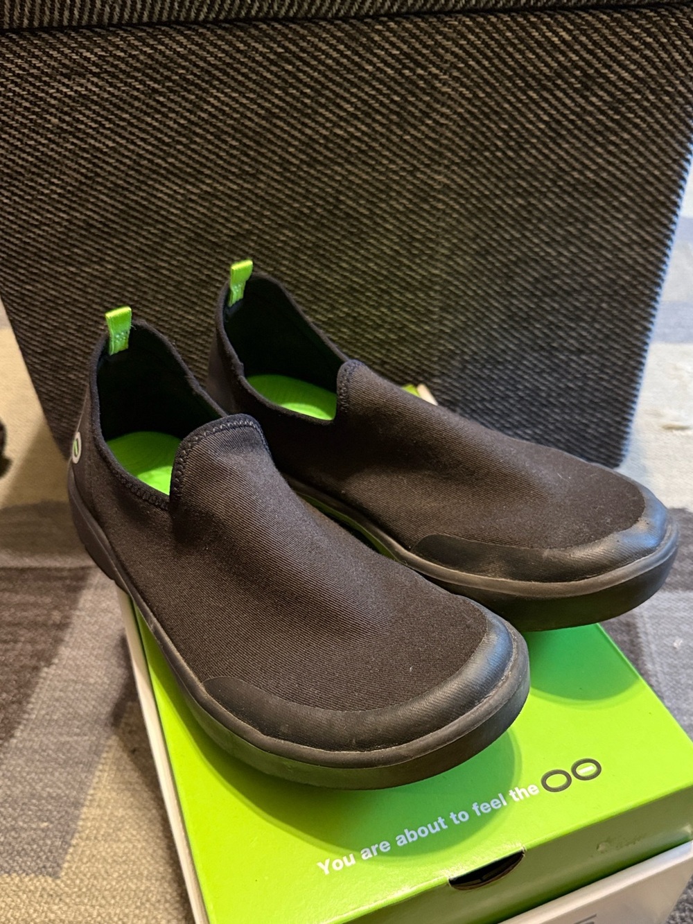OOFOS Slip-On Recovery Athletic Shoes in Black with Lime Green Accents